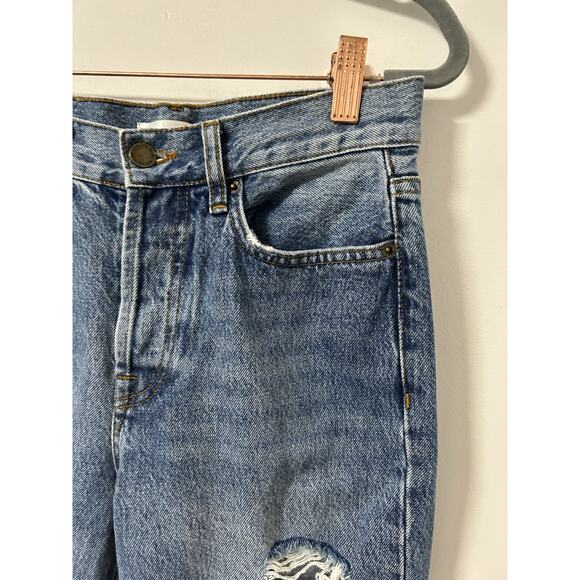 Anine Bing Straight Leg Jeans High Rise 100% Cotton Blue Raw Hem Distressed 25 - Picture 2 of 11